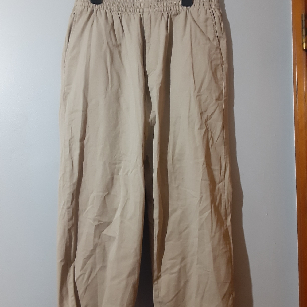 Uniqlo Women's Khaki Wider Leg Baggy Pants in Beige Elastic Drawstring Size L